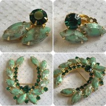 Vtg Brooch &amp; Earring Set Green Jade Colored Faceted Stones Prong Set Jew... - £46.74 GBP