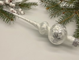 White Christmas glass tree topper with silver glitter, Christmas finial - $25.13
