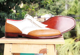 Handmade Men&#39;s Tan &amp; White Leather Fringed Dress Shoes, Men Leather Brog... - £115.89 GBP+