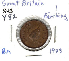 Great Britain 1 Farthing, 1943, Bronze, KM82 - £1.38 GBP