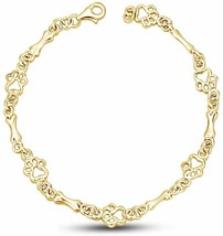 Charm Dog Paw &amp; Bone Link Bracelet in 14k Yellow Gold Plated Silver Women&#39;s 7.5&quot; - £150.52 GBP