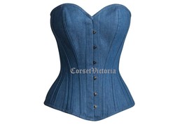 Blue Denim Overbust Corset Waist Training Bustier Steampunk Halloween Co... - $69.99+