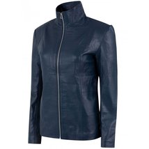 Le female blue leather jacket with high collar 1 thumb200