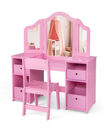 Kids Vanity Table and Chair Set with Removable Mirrors and 4 Storage Bin... - $232.07