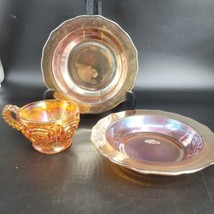 Carnival Glass Normandie Marigold Iridescent 2 Berry Dessert Bowls &amp; 1 Punch Cup - £14.40 GBP
