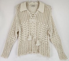 Amreican Eagle Sweater Womens Small Cream Textured Boho Tassel Tie Open Knit Top - £27.08 GBP