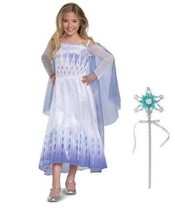Girls Disney Princess Frozen Snow Queen Elsa Dress Wand 2 Pc Halloween Costume-S - £31.65 GBP