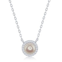 Sterling Silver Pearl with CZ Border Necklace - £29.70 GBP