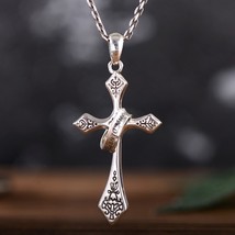 925 Sterling Silver Jesus Cross Pendant Memento Mori Flower Carving With Gold Co - £36.61 GBP
