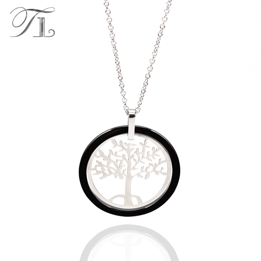Tl Black & White Ceramic Round Pendant Necklaces Women Stainless Steel Hollow Li - $23.50