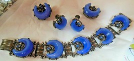 Vintage Blue Lucite Moonglow Crescent Moon Bracelet, Brooches &amp; Earrings - £194.94 GBP