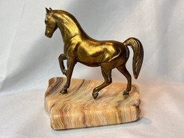 Brass Prancing Horse Statue On Varigated Brown / Tan Marble Slab Base - $29.65