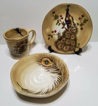 Peacock Hand Painted Tabletops Gallery 3PC Mug Bowl Plate Set   - $37.04