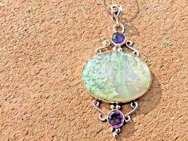  Silver Moss Agate Amethyst Pendant Handmade 16” Sterling Chain 2 1/8” L... - $69.93