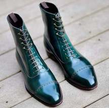 New Pure Handmade Leather Greenish Shaded Lace up Ankle Boots for Men&#39;s - £141.21 GBP