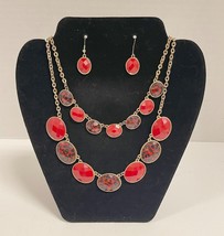 3 pc Gold Tone Solid and Animal Print Red Bead Bib Necklace and Earrings... - $285.10 MXN