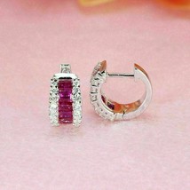 2.40Ct Lab Created Red Ruby Diamond Huggie Hoop Earrings 14K White Gold Plated - £63.06 GBP