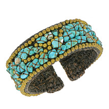 Vibrant Blue Turquoise and Brass Mosaic on Cotton Rope Cuff Bracelet - £17.56 GBP