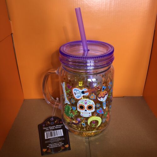 Halloween Plastic Mason Jar With Straw 18 Oz New With Tags Sparkles Skulls - £10.12 GBP