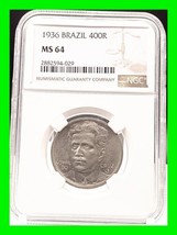 Stunning 1936 Brazil 400 Reis - NGC MS64 Copper / Nickel - KM#539 - High... - $69.29