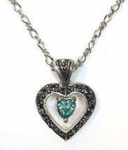 Teal Glass Solitaire &amp; Faux Marcasite Accent Heart Pendant Necklace - £11.99 GBP