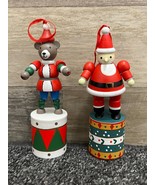 Santa Claus &amp; Teddy Bear Wooden Thumb Collapsing Push Puppet Christmas O... - £15.26 GBP