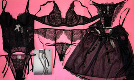 Victoria&#39;s Secret Unlined 36C Bra Set+Panties+Garter Corset+Babydoll Black Lace - £238.13 GBP