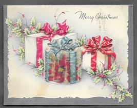 Vintage 1940s Wwii Era Christmas Greeting Holiday Card Glitter Presents Holly - £11.58 GBP
