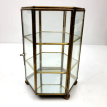 Hexagon Brass Glass Curio Cabinet 3 Shelves Door Latch Mirror Display Case Vtg - £92.14 GBP