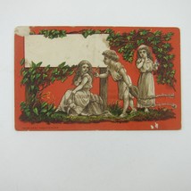 Victorian Trade Card Christmas Boy Flowers Girls Doll Red &amp; Green Antique 1878 - £7.46 GBP