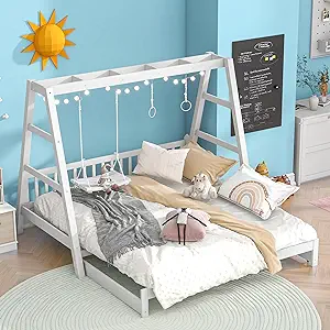 Merax Extendable Twin Daybed with Swing and Ring Handles, White Wood Bed... - $415.99