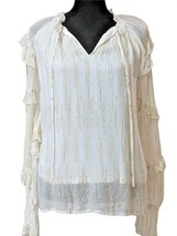 Caligraphie Ivory w/Gold Sparkle Long Sleeve Ruffle Trim Holiday Blouse ... - £19.70 GBP