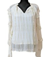 Caligraphie Ivory w/Gold Sparkle Long Sleeve Ruffle Trim Holiday Blouse ... - £19.71 GBP