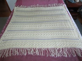 Unused Pale Yellow Or Cream Heart Acrylic Afghan w/Lavender Stripe - 58&quot; X 56&quot; - £15.72 GBP