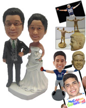 Personalized Bobblehead Just Married Couple In Gorgeous Wedding Attire And Holdi - £124.69 GBP