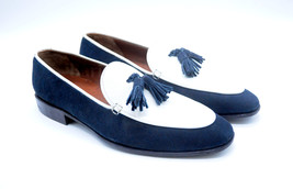 New Handmade Navy Blue Suede Leather Tassels Loafers Leather Dress Shoes... - $159.99+