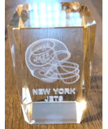 Vintage Holographic Paperweight New York Jets Clear Etched Glass 3D Cube... - $6.50