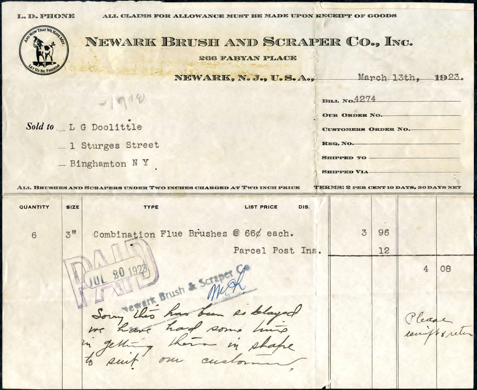 1923 NEWARK BRUSH &amp; SCRAPER CO NJ Antique Letterhead Billhead Receipt dog - $6.99