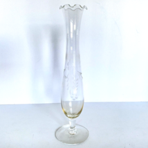 Floral Etched Glass Clear Fluted Bud Vase Pedestal Delicate Ruffle Lip 10&quot; Tall - £14.02 GBP