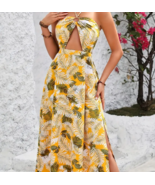 Women’s Yellow Tropical Cut Out Halter Size L Women&#39;s Pullover Sleeveles... - $28.49