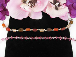 AUTUMN &amp; SPRING Pair Vintage GLASS BEADED BRACELETS Pink Facet Browns Beads - $21.77