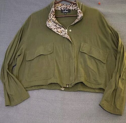 Lulu&#39;s Windsor Olive Green Cropped Utility Jacket Leopard Accent Trim Sz S - $20.00