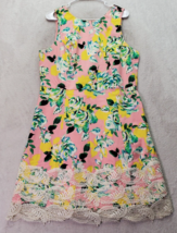 Isaac Mizrahi Tank Dress Women Size 14 Pink Floral Crochet Cotton Lined Back Zip - £20.66 GBP