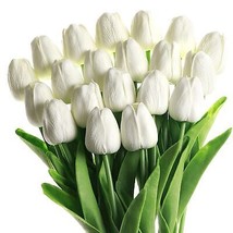 White Artificial Flowers 20 Pcs Faux Tulips PU Real Touch Fake Flowers for Home - £17.81 GBP