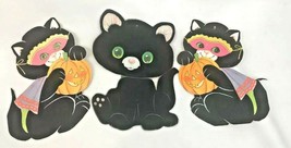 Vintage Halloween Die Cut Black Cat Flocked Pumpkin 3D Eyes Wall Decoration Lot  - £24.11 GBP