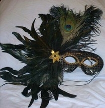 Black Feather Masquerade Ball Mardi Gras Mask - £8.53 GBP