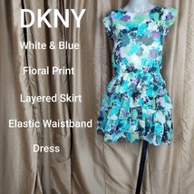 DKNY Girls White &amp; Blue Floral Print Layered Skirt Dress Size L - £9.43 GBP