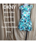 DKNY Girls White &amp; Blue Floral Print Layered Skirt Dress Size L - £9.48 GBP
