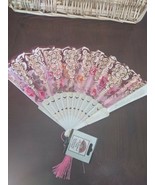 Foldable Hand Fan Fabric Gold Glitter Floral Design - Pink Background - €16,23 EUR