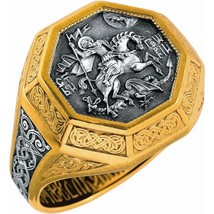 Byzantine St. George Gold-Plated 999 Silver Sterling 925 Christian Ring 16gr - £74.57 GBP+